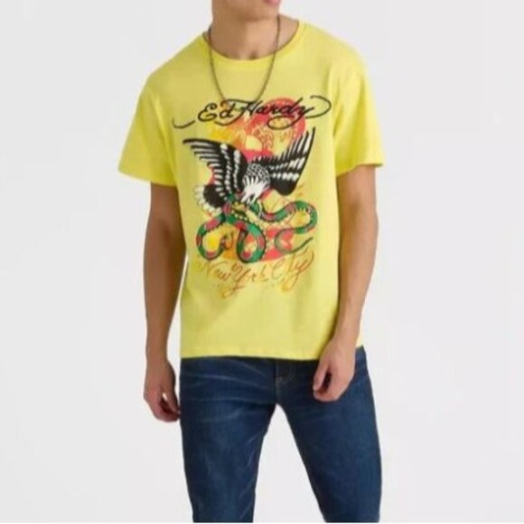 Ed Hardy Graphic TShirt Mens Medium Yellow New NYC Snake Bird - Picture 1 of 12